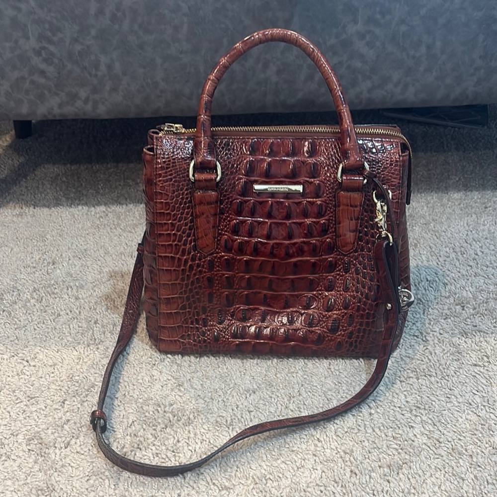 Brahmin Brown Crocodile Embossed Satchel with Adjustable Strap